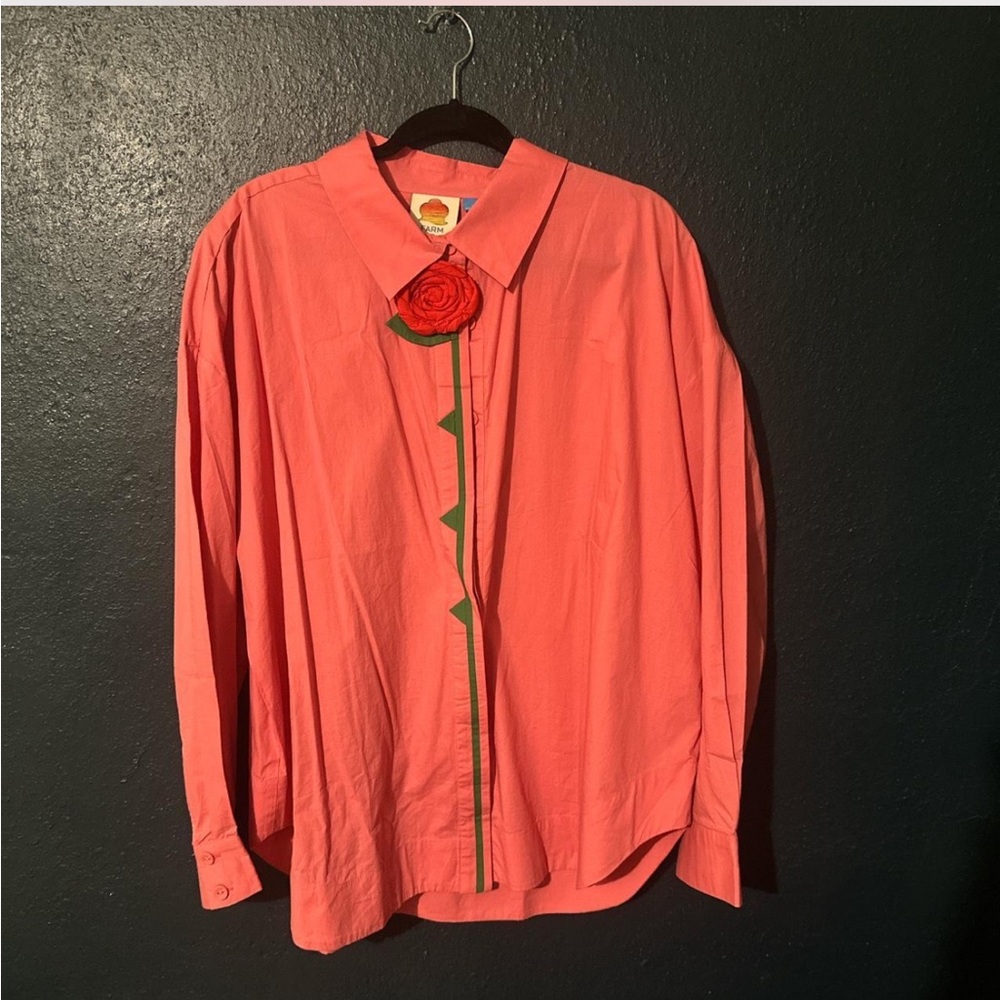 Farm Rio x Anthropologie Pink Button-Down Shirt with Rose - Picture 3 of 4